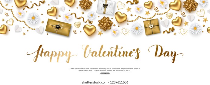 Valentines day composition with top view hearts,  gift box, serpentine, stars and flowers for greeting card, poster, banner. Vector illustration.
