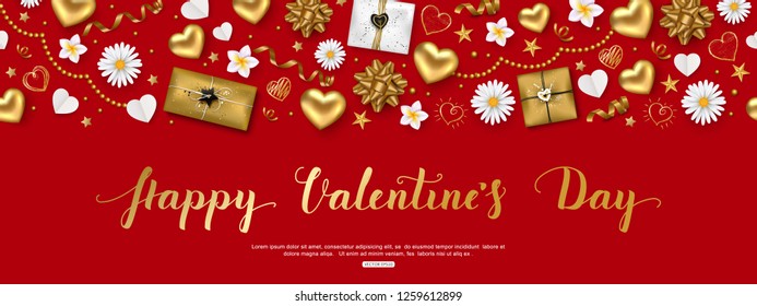 Valentines day composition with top view hearts,  gift box, serpentine, stars and flowers for greeting card, poster, banner. Vector illustration.