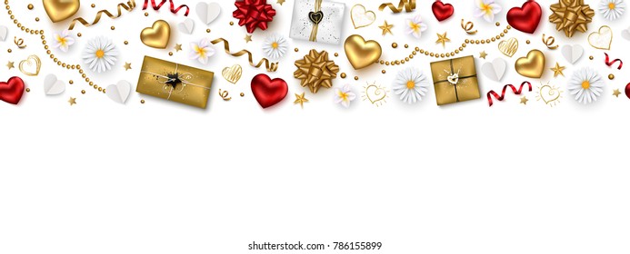 Valentines day composition with top view red and gold hearts,  gift box, serpentine, stars and flowers for greeting card, poster, banner. Vector illustration.