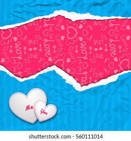 Valentines day composition with white hearts crumpled blue ragged striped paper and icons pink pattern vector illustration