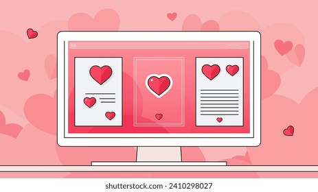 Pantalla de computadora del Día de San Valentín con corazones y páginas de citas. Ilustración vectorial de línea plana.