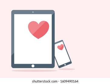 Valentine's day Computer Tablet love smartphone 2d flatten design,smart phone device against the tablet,pink heart inside two device,one pink background and grey shadow,for valentine greeting card