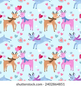 Valentines day con cept cute deer with heart shape and gift seamless pattern for fabric textile wallpaper gift wrap paper.