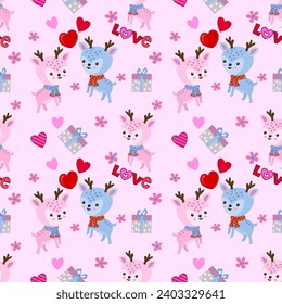 Valentines day con cept cute deer with heart shape and gift seamless pattern for fabric textile wallpaper gift wrap paper.