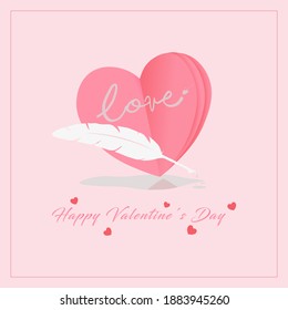 Valentine's Day concept. 3d heart,feather and ink with pink background. Vector illustration.