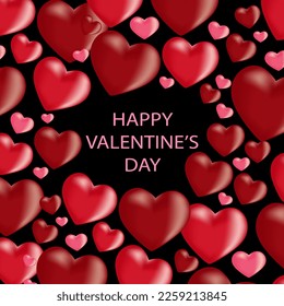 Valentine's Day concept 3d red hearts on black background Cute love banner Vector illustration	