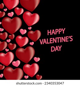 Valentine's Day concept. 3d red and pink hearts on black background Cute love banner Vector illustration