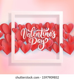 Valentine's day concept. 3d white, pink and red hearts with square frame and lettering quote. Cute love banner or greeting card. Vector illustration