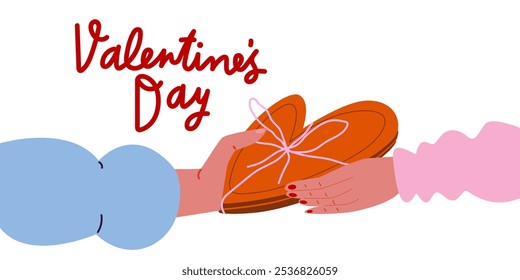 Valentine's day concept. Aesthetics love design for 14 February holiday. A gift for Valentine's Day. Cartoon flat hands giving heart shaped box of chocolates to a woman