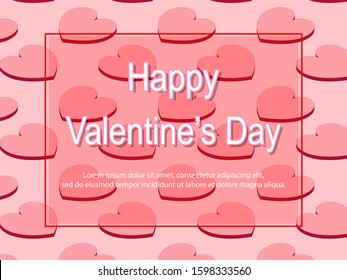 Valentine's day concept background. 3d red and pink hearts with white rectangle frame. Sale banner or greeting card.
Flat design vector illustration.