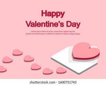 Valentine's day concept background. 3d red and pink hearts with white letter. Sale banner or greeting card. Flat design vector illustration.