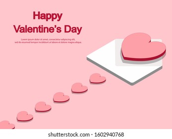 Valentine's day concept background. 3d red and pink hearts with white letter. Sale banner or greeting card. Flat design vector illustration.