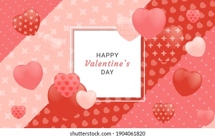 Valentine's day concept background.  3d red and pink hearts with white square frame. Cute love sale banner or greeting card