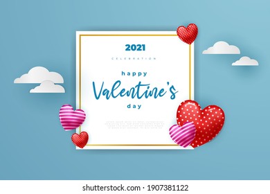Valentine's day concept background. 3d hearts with white square frame. Happy valentine's day banner or greeting card.