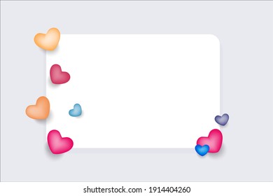 Antecedentes de San Valentín. 3 d corazones con marco cuadrado blanco. Feliz tarjeta de San Valentín.