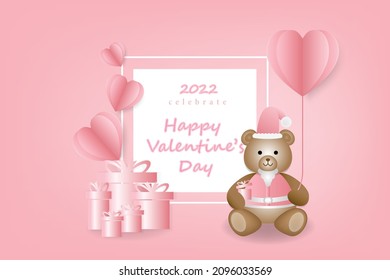 Valentins Tageskonzept Hintergrund. 3D rosa Geschenkbox, Teddybär und rosafarbene Papierherzen mit weißem quadratischem Rahmen. Cute love Sale Banner oder Grußkarte. Geschenkbox voll mit dekorativem festlichem Objekt. -