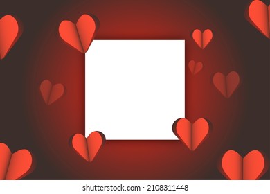 Antecedentes de San Valentín. 3 d corazones de papel rojo con marco cuadrado blanco. Banner de venta de amor o tarjeta de saludo. Ilustración vectorial. 
