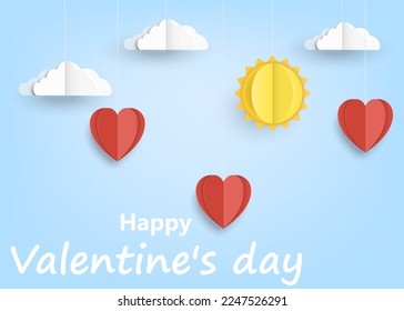 Valentine's day concept background. 3d red and pink paper cut hearts with white clouds and sun. Vector illustration. Eps 10.