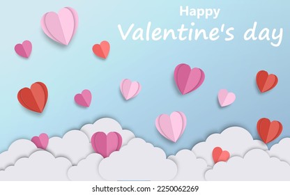 Valentine's day concept background. 3d red and pink paper cut hearts with white clouds. Vector illustration. Eps 10.