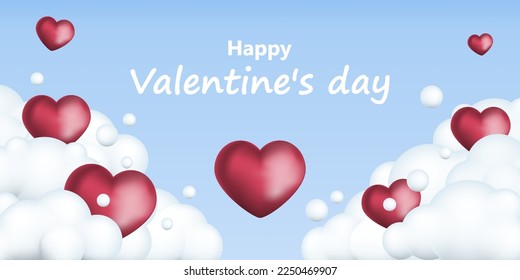 Valentine's day concept background. 3d hearts with white clouds. Vector illustration. Eps 10.