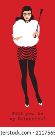Valentine's day concept background. Cute love banner or greeting card, girl with red lips in fur coat.