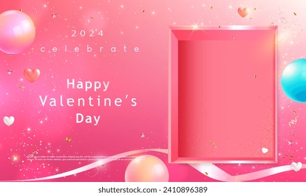 Valentines day concept background with empty gift box. Valentine's day greeting card with hearts balloons, balls and gift box for invitation card, February celebration, banner, flyer, poster. Vector.