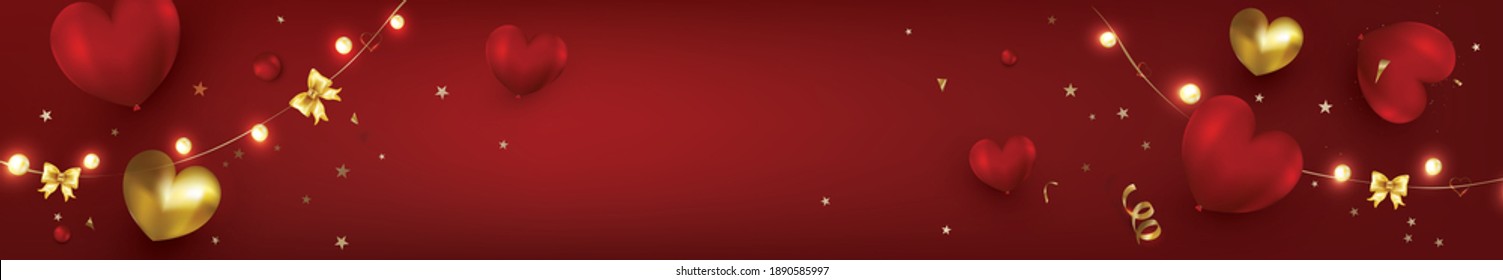 Valentine's day concept background with heart shaped balloons.Top view. Red horizontal background for sales, promotionals, web cover. Realistic vector illustration.