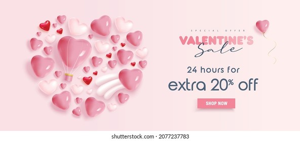 Valentine's day concept background with heart shape balloons. Happy Valentines day vector sale banner, flyer, invitation, poster, background 