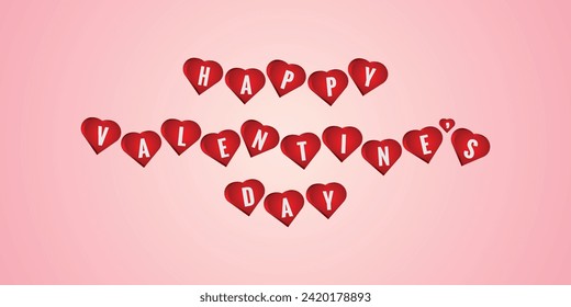 Valentines day concept background with heart pattern and typography of happy valentines day text in 3d hearts . Vector illustration. love, romance, pink color background with red hearts