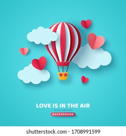 Valentine's day concept background with hot air balloon, hearts and clouds. Vector illustration. Cute love sale banner or greeting card. Honeymoon and wedding adventure.