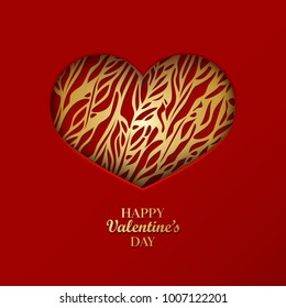 Valentine's day concept background with origami heart shaped frame. 3d paper art golden heart with ornamental pattern. Cute love sale banner or greeting card. Vector illustration. Stock clipart.