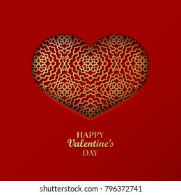 Valentine's day concept background with origami heart shaped frame. 3d paper art golden heart with ornamental pattern. Cute love sale banner or greeting card. Vector illustration. Stock clipart.