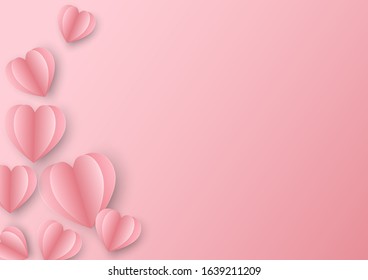 Valentine's day concept background, Paper elements in shape of heart flying on pink background.