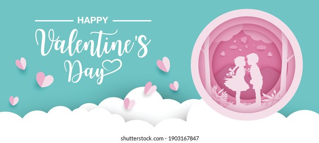 Valentine's day concept background. Paper art of kids kissing, Vector