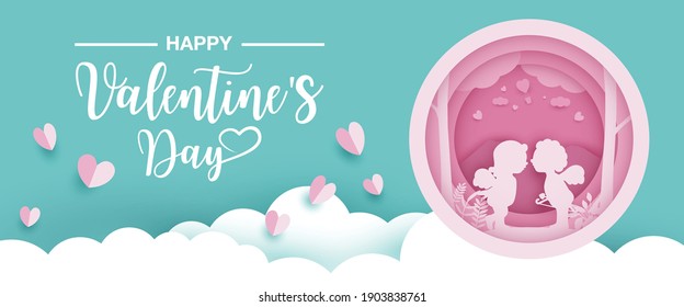 Antecedentes de San Valentín. Arte de papel de un par de cupidos besándose, Vector