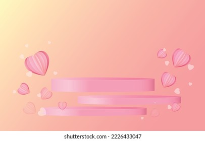 Valentine's day concept background. podium vector illustration. sweet red and pink paper cut hearts with Round pedestal. Cute love sale banner or greeting card