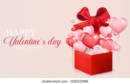 Valentine's day concept background. Realistic heart shaped balloons fly out of red gift box. Romantic design for cover, party, posters, greeting card, promotion banner. Vector illustration