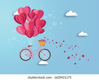 Valentines day concept with background red and pink paper and balloon heart hearts