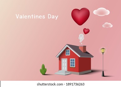 Valentines Day concept background. Red house with hearts smoke on pink background.