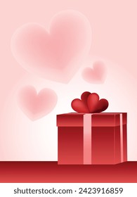 Valentine's Day concept background with red gift box and hearts. Holiday banner, web poster, flyer, stylish brochure, greeting card, cover. Romantic background