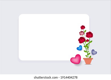 Valentine's Day concept background. Rose flowers pot and heart on a square frame. Happy Valentines Day card.