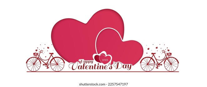 Valentine's day concept background. two big red hearts with flying heart from bicycle basket isolated on white background. Vector illustration.
