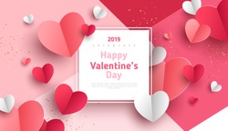 Valentine's Day Concept Background. Vector Illustration. 3d Red And Pink Paper Hearts With White Square Frame. Cute Love Sale Banner Or Greeting Card