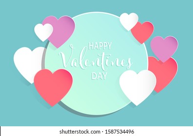 Valentine's day concept background. Vector illustration. Paper hearts with circle frame on pastel blue background. Cute love sale banner or greeting card