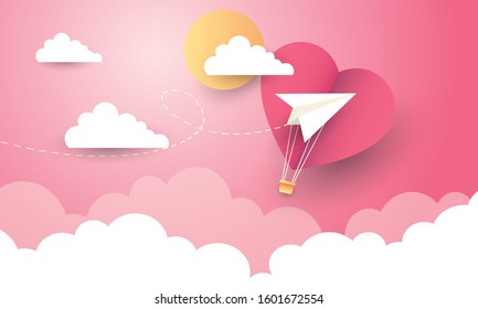 Valentine's day concept background. Vector illustration. Red and pink paper hearts with paper plane