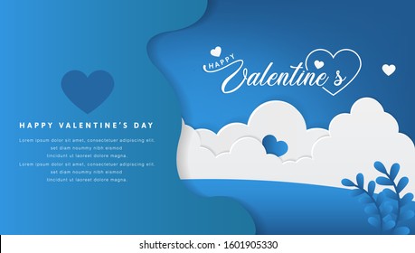 Valentine's day concept background. Vector illustration. 3D blue and white paper hearts with white square frame. cute love sale banner or greeting card.