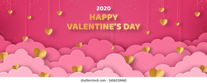 Valentine's day concept background. Vector illustration. 3d gold paper cut hearts with pink clouds. Cute love sale banner or greeting card