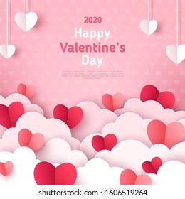 Valentine's day concept background. Vector illustration. 3d red and pink paper cut hearts with white clouds. Cute love sale banner or greeting card