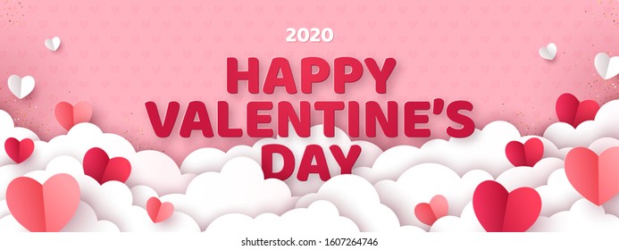 Valentine's day concept background. Vector illustration. 3d red and pink paper cut hearts with white clouds. Cute love sale banner or greeting card