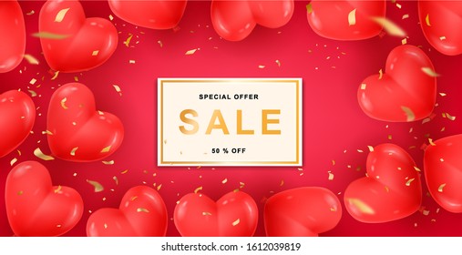 Valentine's day concept background. Vector illustration. 3d red hearts. Cute love sale banner or greeting card. Red promo web banner